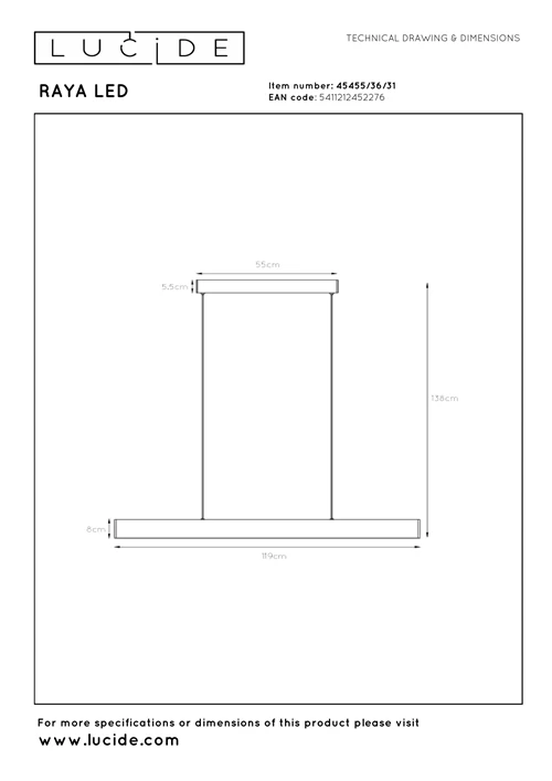 Lucide RAYA LED - Pendant light - LED Dim. - 1x36W 2700K - White - technical